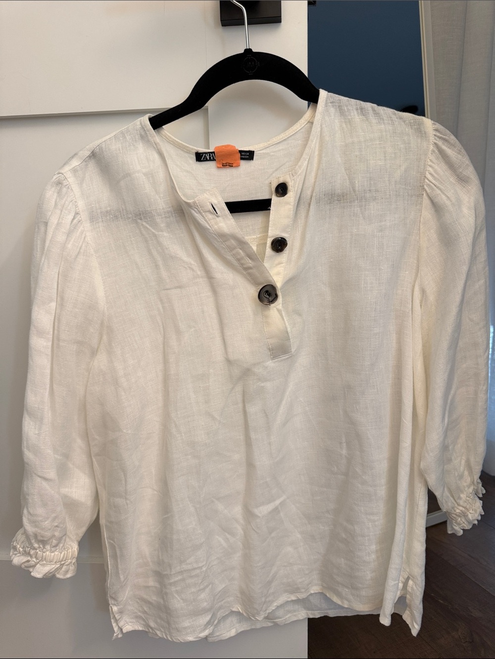 Zara Off-White Button Henley Linen Blouse